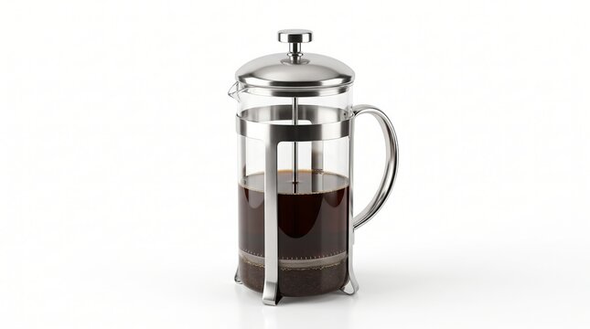 Front View Of A Classic Stainless Steel Glass French Press Filled With Brewed Black Coffee On White Background