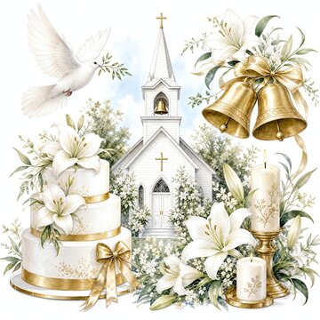 Tiered White Celebration Cake with Sugar Lilies and Gold Ribbon