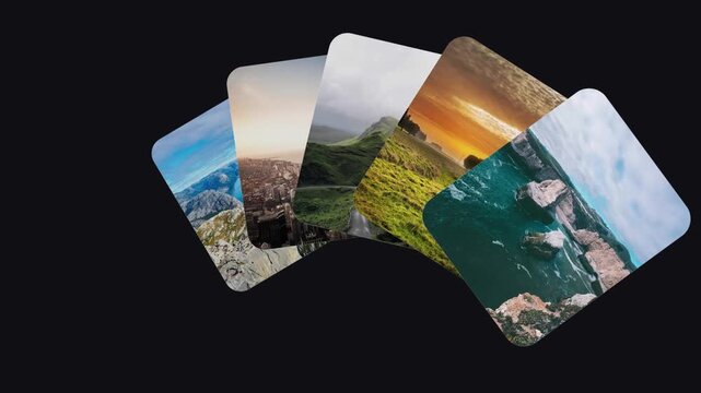 Fan of photo cards spreading in 3D on dark background, image stack gallery presentation animation