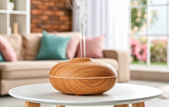 Wood grain aroma diffuser humidifier with rising steam vapor, placed on round white coffee table, cozy modern living room in background