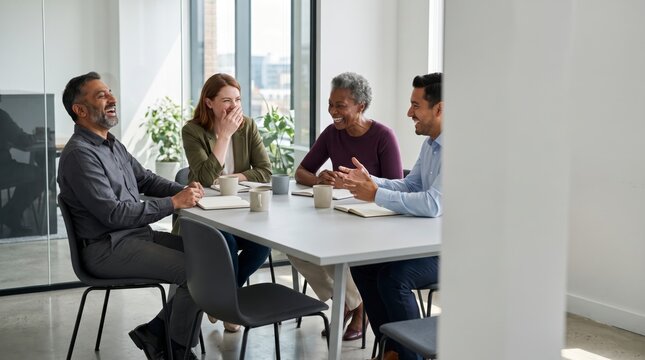 Engaged teammates laughing together during an informal meeting in a glass walled conference room