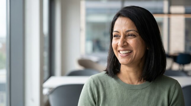 Optimistic team leader gazing beyond a glass office window with a warm and confident smile