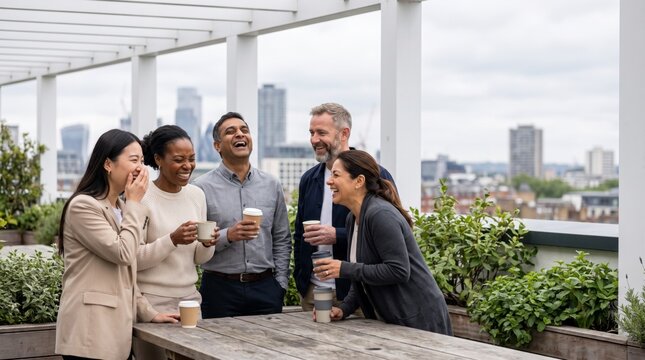 Amiable coworkers laughing with takeaway coffee on a rooftop terrace overlooking the city skyline