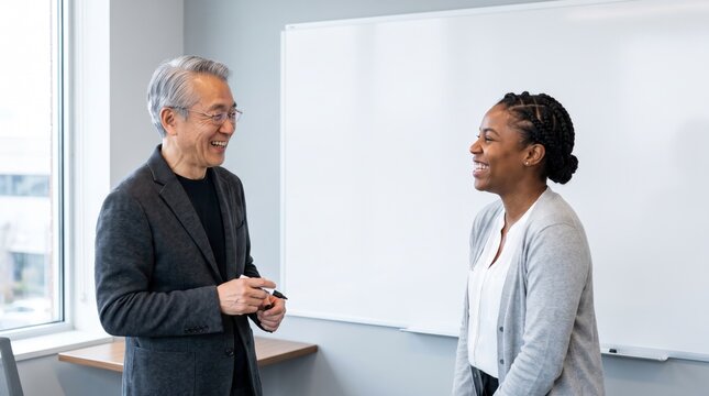 Encouraging mentor sharing a laugh with an attentive mentee beside a whiteboard in a meeting room