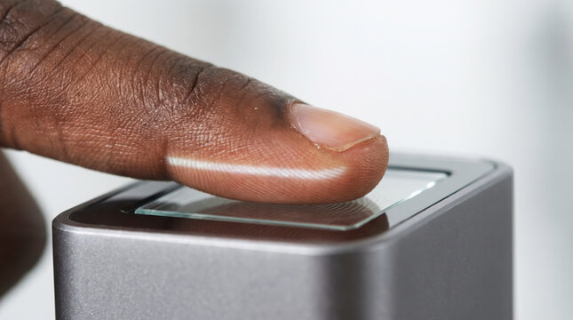 Precise closeup of a fingertip pressed on a fingerprint scanner glass for identity verification
