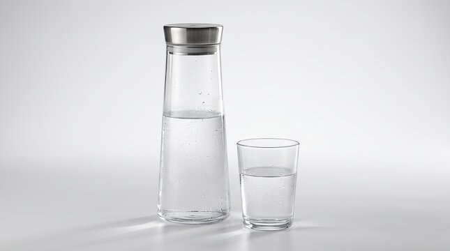 High Angle View Of A Modern Glass Water Carafe With Stainless Steel Lid Beside Full Glass On White Surface