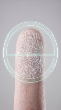 Glowing fingerprint scan over a fingertip within a circular interface, digital identity concept