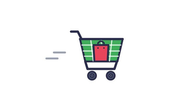 Dynamic illustration of a fast-moving green shopping cart with a red bag, symbolizing quick online shopping, speedy delivery, and efficient e-commerce services for modern retail