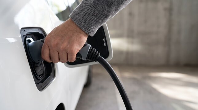 Closeup of a hand holding an electric vehicle charging connector at the charge port of a white car