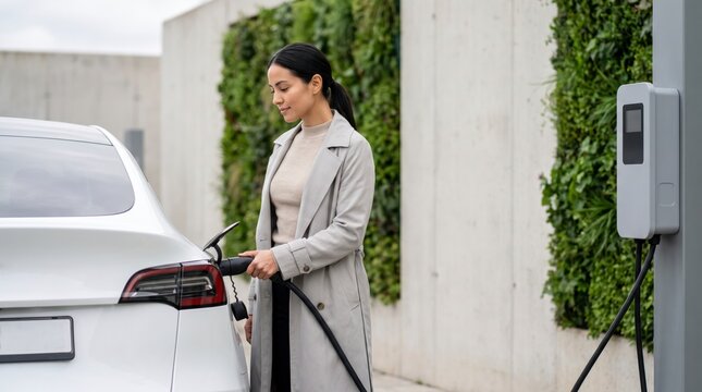 Eco conscious driver plugging a charging cable into a white electric car beside a living green wall