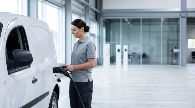 Dedicated fleet worker charging a white electric delivery van at a commercial depot charging station