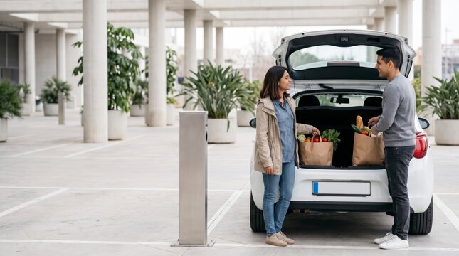 Practical shoppers loading grocery bags into a car trunk beside an electric charging station