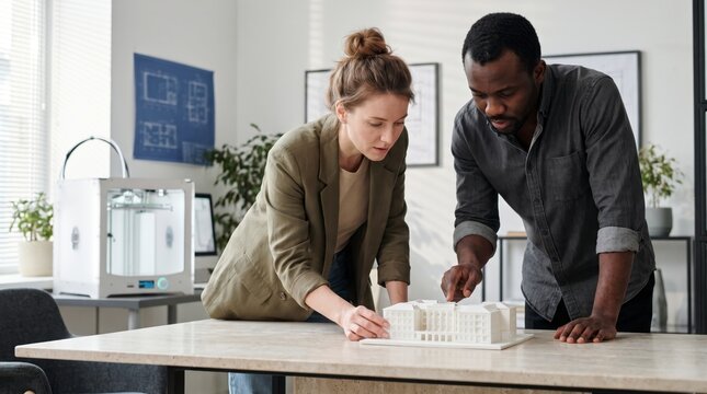 Focused architects examining a white building model beside a 3D printer in a design studio