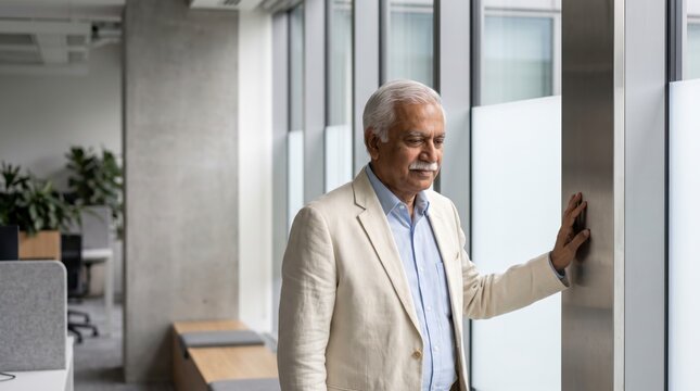 Senior executive pressing his palm on a smart wall panel in a modern office, seamless access concept