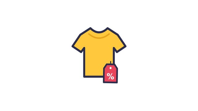Vibrant yellow t-shirt icon featuring a prominent red discount tag with a percentage symbol, ideal for illustrating retail sales, special offers, and affordable fashion promotions