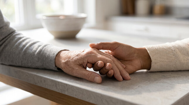 Comforting hands of two generations clasped on a stone counter, expressing empathy and support