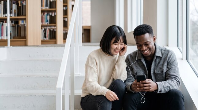 Playful friends sharing earphones and a smartphone while laughing on a library staircase