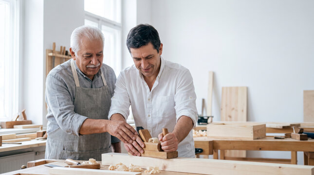 Patient master carpenter teaching an apprentice to use a hand plane in a sunlit woodworking workshop