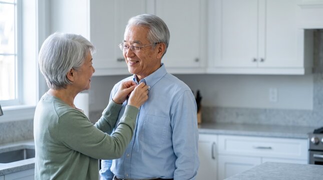 Devoted wife buttoning her husband's shirt in a kitchen, tender moment of lifelong partnership