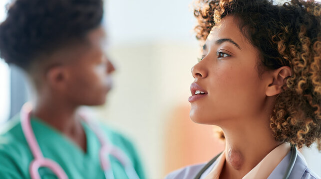 A clinician examines a patient for suspected bubonic plague, focusing closely on a swollen neck lymph node. The modern medical setting highlights careful, attentive healthcare.