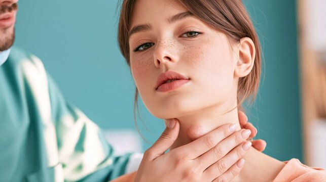 A clinician assesses a patient's swollen neck lymph node in a modern medical setting. This side view highlights a careful, professional bubonic plague evaluation.