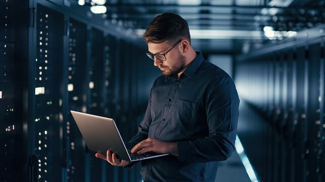 A focused IT engineer checks his laptop beside glowing server racks in a modern data center. Cool blue lighting and metallic tones highlight a high-tech workspace.