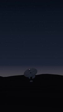 Radio telescope dishes under a starry night sky, star timelapse (vertical)