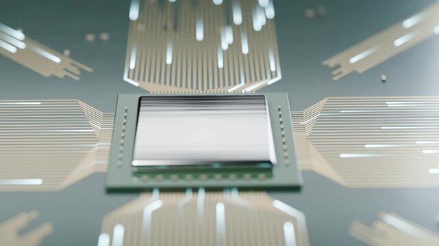 Computer microchip on a circuit board with glowing data pulses