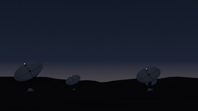 Radio telescope dishes under a starry night sky, star timelapse