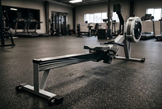 Commercial rowing machine with aluminum slide rail standing on fitness gym floor