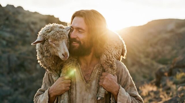 Jesus Christ Carrying a Lost Sheep Across His Shoulders at Sunset, Symbolic Good Shepherd Scene of Compassion, Rescue, Protection, Mercy, Faith, Love, Salvation, Guidance and Pastoral Care