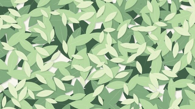 Pastel sage green paper leaves swaying in a diagonal breeze, seamless spring botanical background loop