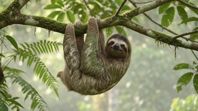 Brown-Throated Three-Toed Sloth Hanging on Branch in Cloud Forest