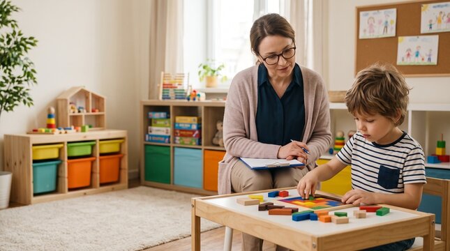 Female teacher observing young boy playing with educational toys in classroom  