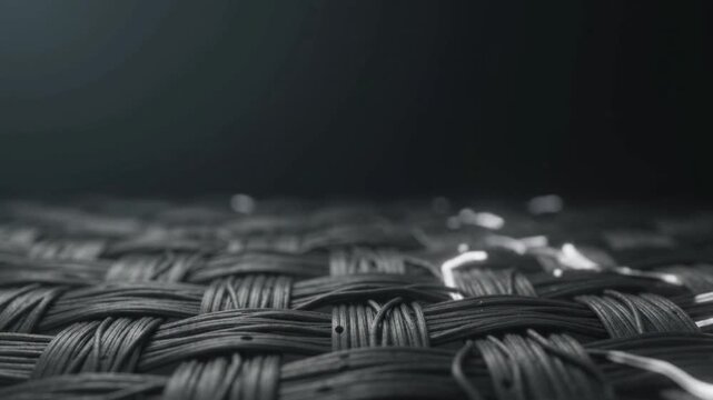 Extreme macro of carbon fiber weave with microscopic electric ions flowing along technical threads, seamless loop and copy space for clean tech and battery science.