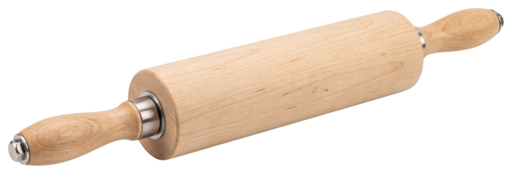 Wooden rolling pin with metal fittings on transparent background