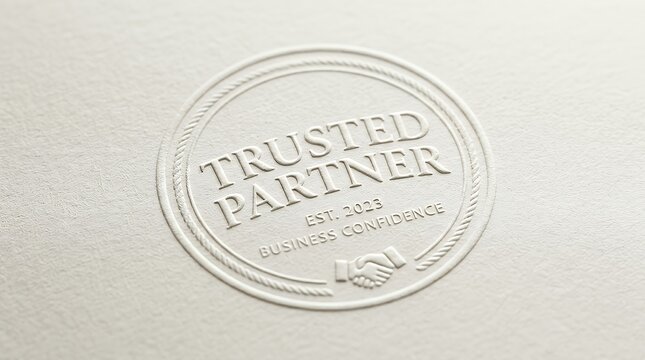 Embossed Stamp Impression Revealing Trusted Partner Text on Textured Paper Background Representing Professional Business Confidence embossed stamp trusted partner business confidence corporate