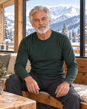Distinguished Senior Man Sitting Inside Cozy Mountain Chalet