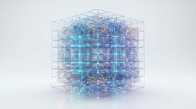 Futuristic three dimensional geometric cube framework built with interconnected nodes and lines isolated over clean white surface representing digital data structure and modern networking concept