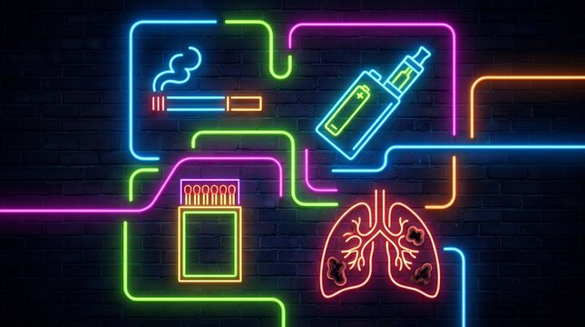 Glowing vibrant neon line setsmoking tobacco cigarette electronic vape mod device diseased human lungs and matchbox with matches for medical addiction awareness and health concept