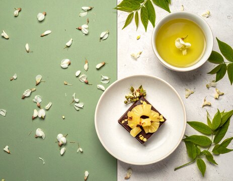 緑と白の背景に日本茶とパイナップルケーキを配置したフラットレイの和モダンテーブルフォト