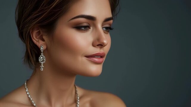 Elegant Woman Portrait with Diamond Earrings and Necklace, Serene Makeup Against Dark Background