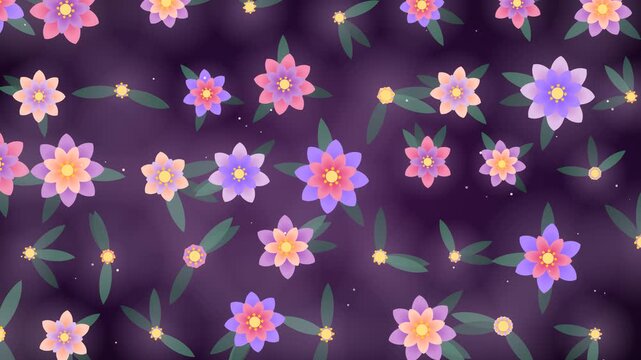 Seamless loop of purple, magenta and lavender flowers gently blooming and closing with soft glow and sparkles on a dark background, great for Women&rsquo;s Day, spring and romance.