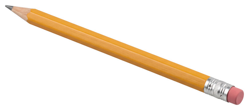 Yellow wooden pencil with pink eraser on transparent background