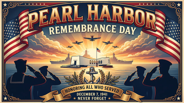 Remembrance Day Pearl Harbor tribute with silhouetted soldiers and