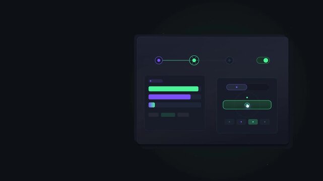 Animated dark mode UI control panel with sliders and toggle switches