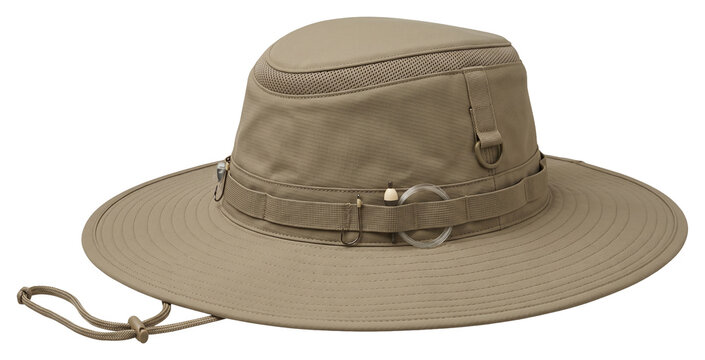 Wide brim outdoor hat with chin cord on transparent background