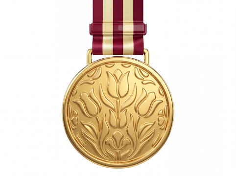 Gold medal with floral engraving hanging on a striped ribbon
