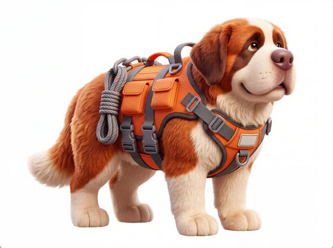 Brave saint bernard rescue dog wearing orange tactical harness vest