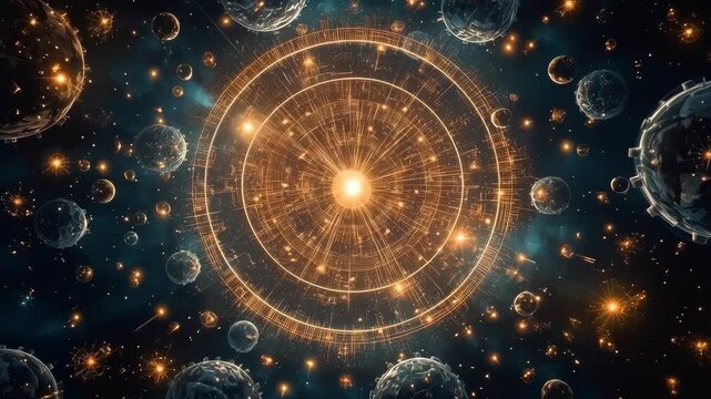 Cosmic Star Map and Glowing Sun Orbit Through Mysterious Space Scene